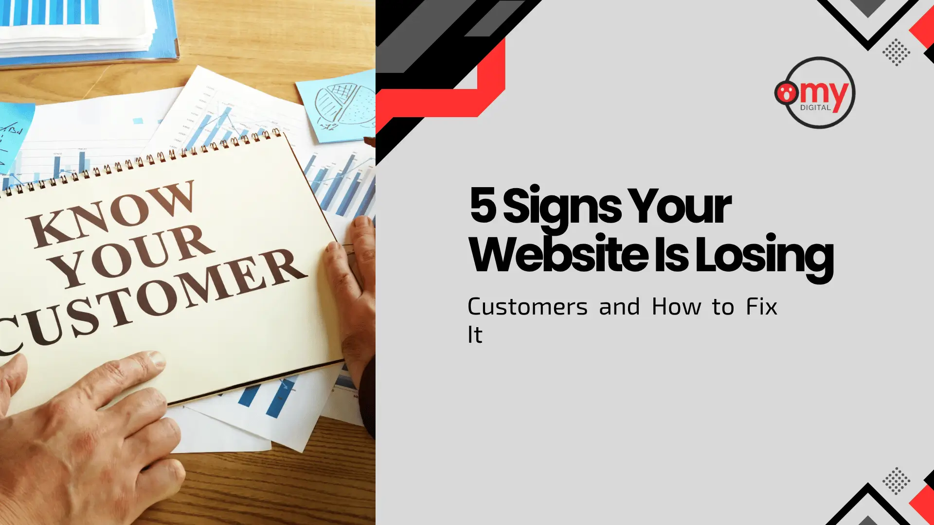 A digital guide and blog banner by Omy Digital split into two distinct sections. On the left half, a top-down photo shows hands holding an open spiral notepad displaying the bold text "KNOW YOUR CUSTOMER" over a wooden desk scattered with analytics charts, bar graphs, and sticky notes. On the right half, against a light gray background framed by dark gray, red, and black geometric accents with dot grid overlays, the top-right corner features the circular Omy Digital logo above bold black typography reading "5 Signs Your Website Is Losing" followed by the subheadline "Customers and How to Fix It".