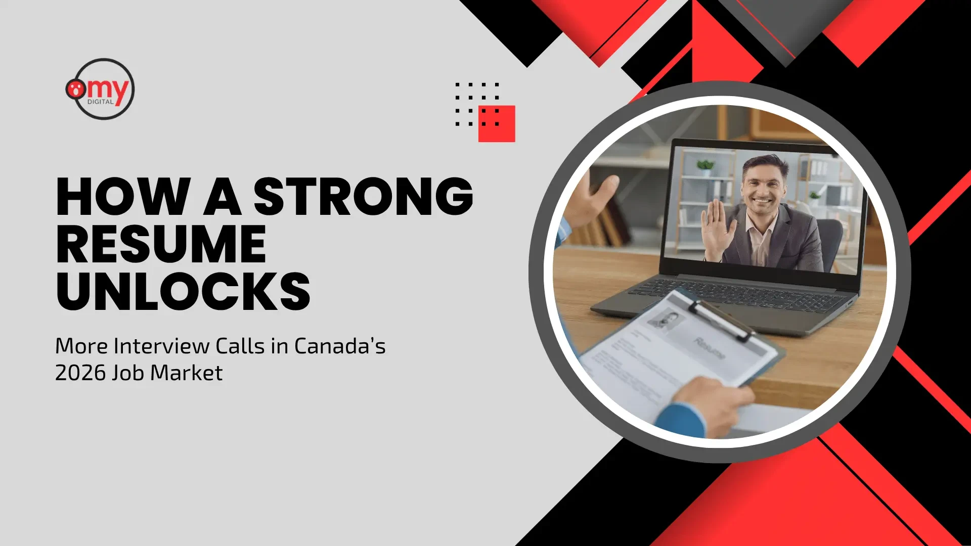 Professional blog banner with a light grey backdrop and modern geometric accents. On the top left, a circular logo displays "omy DIGITAL" with a red character icon. The center-left features prominent bold black text reading "Social Media Management Made Simple" above a smaller subtitle stating "How to Stay Active Without Stress (2026 Canadian Guide)". On the right, a rounded diamond-shaped frame angled with black and bright red geometric overlays showcases colorful 3D social media icons, including a chat bubble, email envelope, blue gear, red "@" sign, and a smartphone screen layout. Small black grid icons accent the top right and bottom right of the text layout.