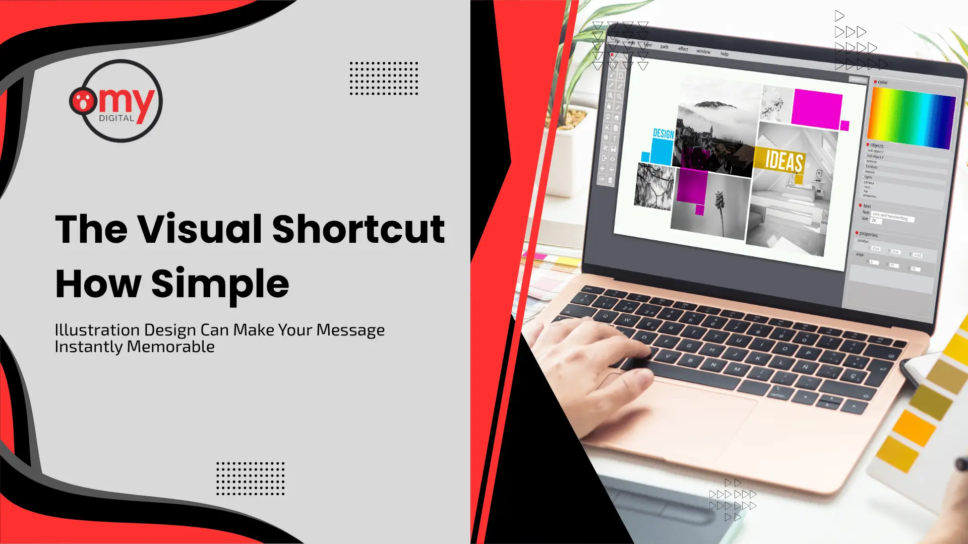 A blog header banner titled "The Visual Shortcut: How Simple Illustration Design Can Make Your Message Instantly Memorable" by Omy Digital. The left half displays bold black heading and subtitle text over a light gray background framed by dark red and black abstract wavy borders, dotted decorative grid accents, and the circular Omy Digital brand logo in the upper corner. The right half shows a person working on a open laptop displaying graphic design software with mood board layouts, color palettes, and the words "DESIGN" and "IDEAS," alongside a physical color swatch deck.