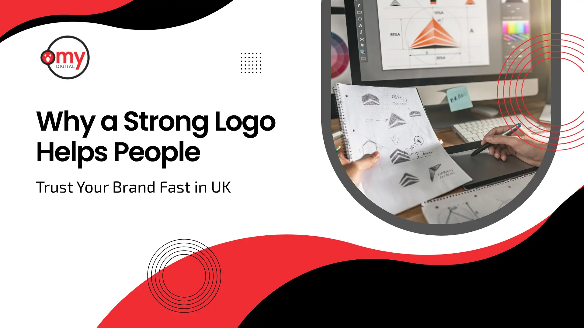 A blog banner titled "Why a Strong Logo Helps People Trust Your Brand Fast in UK" by Omy Digital. The left side features bold black text on a clean white background with red and black dynamic wave accents, a dotted decorative grid, and concentric circle patterns. The top left displays the circular Omy Digital logo. On the right, a rounded arch frame shows a designer at a desk holding a sketchpad with geometric logo concepts, using a stylus and digital drawing tablet in front of a computer monitor displaying a vector logo design.
