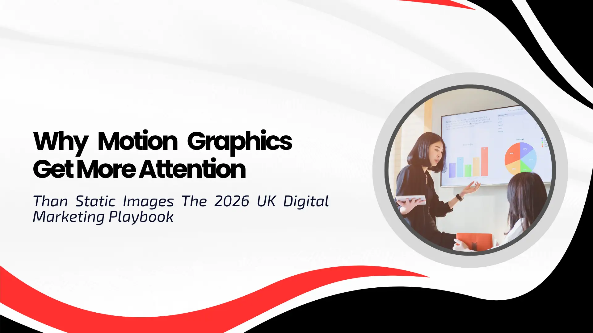 Digital marketing blog banner reading "Why Motion Graphics Get More Attention Than Static Images The 2026 UK Digital Marketing Playbook" in bold black typography. Framed by red and black wave graphics, a circular image cutout on the right shows a female professional presenting colorful charts and data visuals on a screen to a colleague.